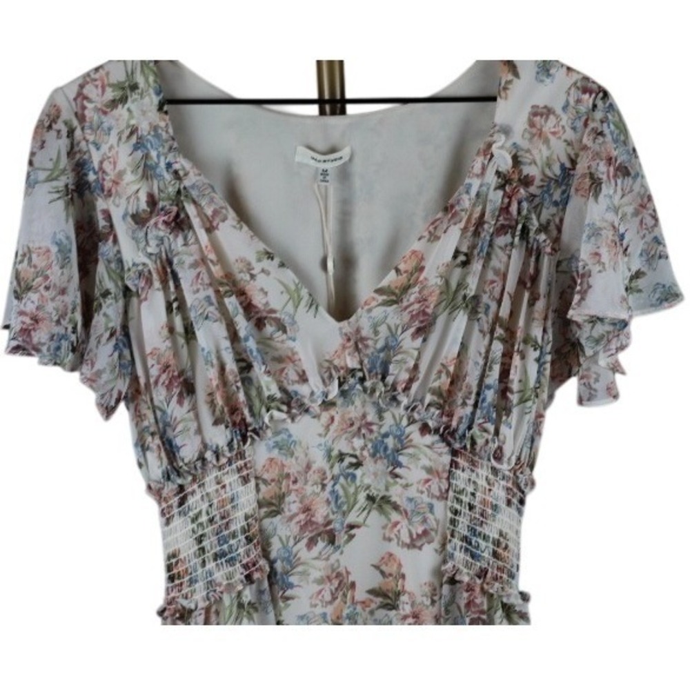 Max Studio Floral Smocked Waist Midi Dress V-Neck Flutter Sleeve Ivory Pink B. M - Picture 4 of 6